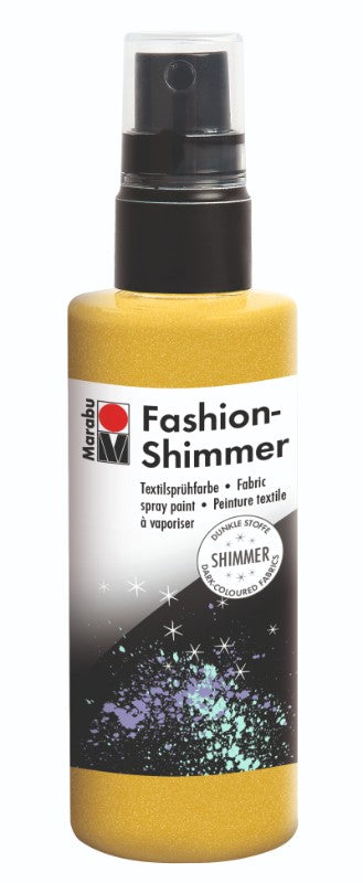 Bright yellow Marabu Fashion Shimmer fabric spray, perfect for adding sparkle to T-shirts, bags, and home decor projects.