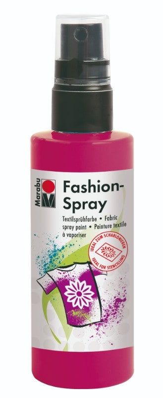 Vibrant Marabu Fashion Spray in Raspberry, ideal for customizing T-shirts and textiles with easy, creative designs.