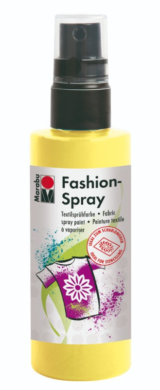 Vibrant Marabu Fashion Spray in Lemon for easy textile designs on T-shirts, bags, and more, ideal for DIY crafters.