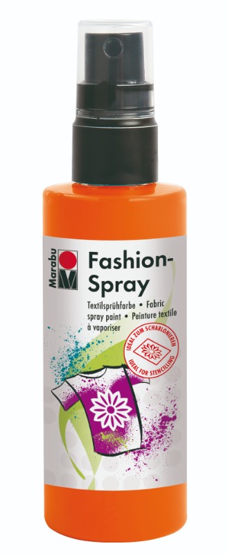 Vibrant red-orange Marabu Fashion Spray 100ml for easy textile designs on T-shirts, bags, and cushions.