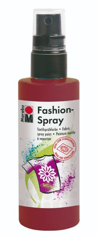A 100ml bottle of Marabu Fashion Spray in Bordeaux for vibrant fabric design on T-shirts, bags, and cushions.