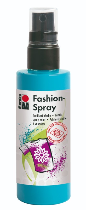 Vibrant Marabu Fashion Spray 100ml Caribbean, perfect for personalizing textiles like T-shirts and bags with bright colors.
