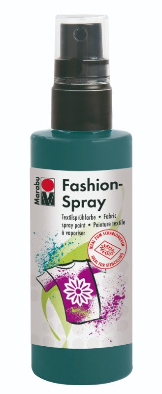 Marabu Fashion Spray 100ml in Petrol color for vibrant textile designs on T-shirts, bags, and cushions; water-based and easy to use.