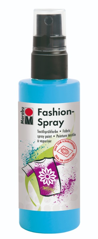 Sky Blue Marabu Fashion Spray in a 100ml bottle for vibrant textile designs on T-shirts, bags, and cushions.