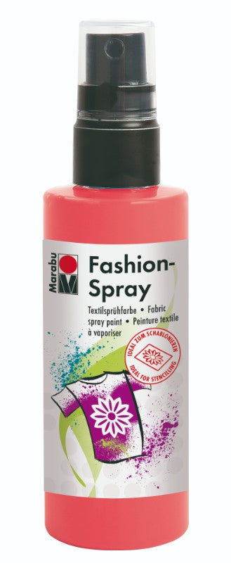 Vibrant Marabu Fashion Spray 100ml in Flamingo, ideal for easy textile art on light-colored materials.