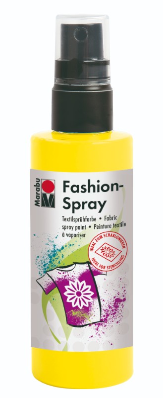 Vibrant Marabu Fashion Spray in Sunshine Yellow, 100ml, perfect for customizing textiles like T-shirts, bags, and cushions.
