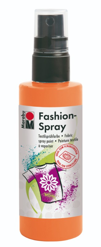 Vibrant Marabu Fashion Spray in Tangerine, perfect for customizing textiles like T-shirts and bags with ease.