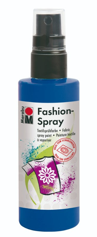 Vibrant Marine Blue Marabu Fashion Spray for customizing textiles like T-shirts and bags, suitable for various artistic techniques.