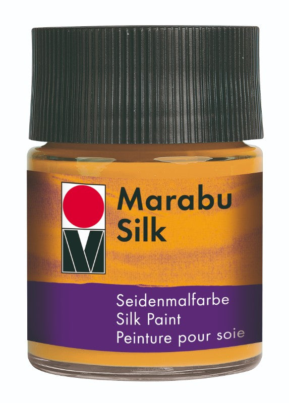 Vibrant Marabu-Silk 50ml dye in amber, perfect for silk painting and fabric embellishments, ensuring long-lasting, striking colors.