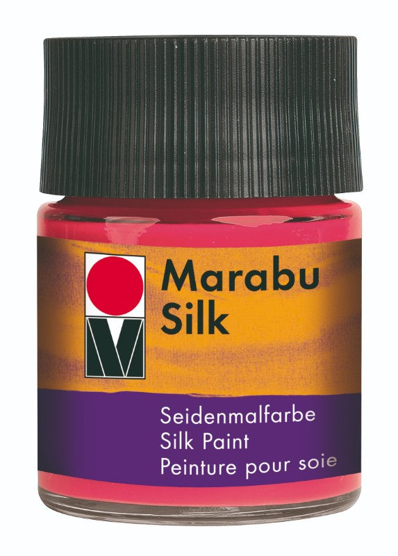 Marabu-Silk 50ml in Cherry Red, a vibrant, water-based fabric paint ideal for silk and cotton, offers brilliant colors and easy application.