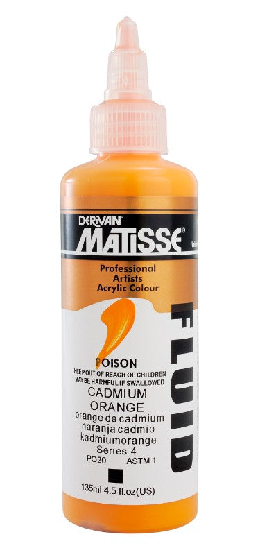 Matisse Fluid Acrylic Paint in Cadmium Orange, 135ml, vibrant, highly pigmented, ideal for blending and detail work.