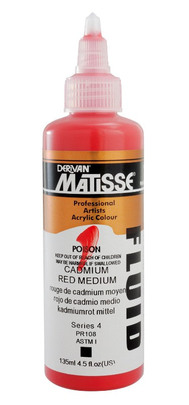 Matisse Fluid Acrylic Paint in vibrant Cadmium Red Medium, 135ml, perfect for blending and detailed brush work.