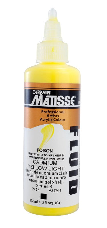 Vibrant 135ml Matisse Fluid Acrylic Paint in Cadmium Yellow Light, perfect for detailed work and expansive washes.