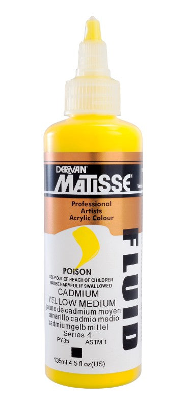 Matisse Fluid Acrylic Paint in Cadmium Yellow Medium, 135ml, features vibrant, highly pigmented color perfect for versatile artistry.