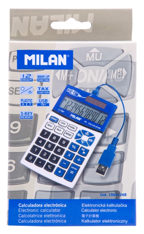 Milan 12-digit blue calculator, compact 120x70 mm, stylish design, perfect for students and professionals.