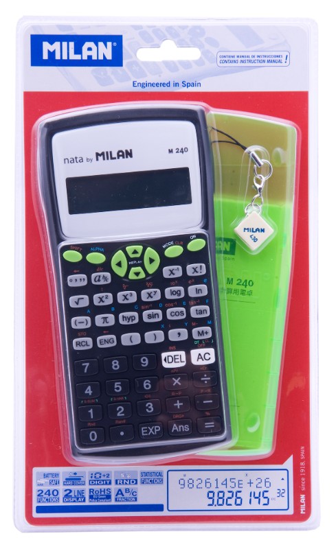 Milan Calculator with 240 functions, large LCD display, lightweight design for advanced calculations in science and engineering.
