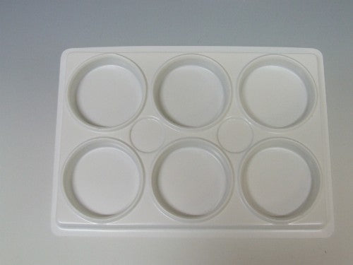 6 Cup Plastic Palette featuring six compartments for mixing paints, easy to clean and portable for artists and DIY enthusiasts.