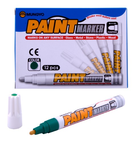 Mungyo Green Paint Marker with durable nib, perfect for vibrant, permanent marking on various surfaces like metal and glass.