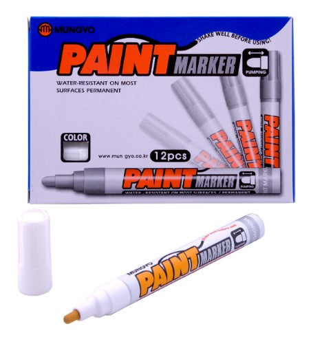 Mungyo Paint Marker White, versatile tool for vibrant, permanent markings on various surfaces like metal, glass, and stone.