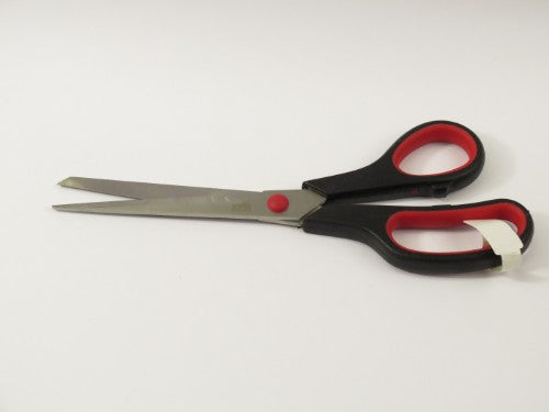 Bright red 9" kids scissors with soft-grip handles, rounded tips for safety, perfect for arts, crafts, and school projects.