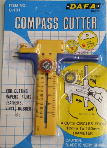 Yellow and blue compass cutter for precise circle cutting, adjustable 10mm-150mm, suitable for various materials and DIY projects.