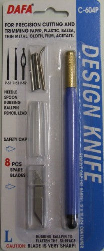 C-604p Pen Knife with safety cap, featuring needle point, ball burnisher, and 8 spare blades for precise cutting and crafting.