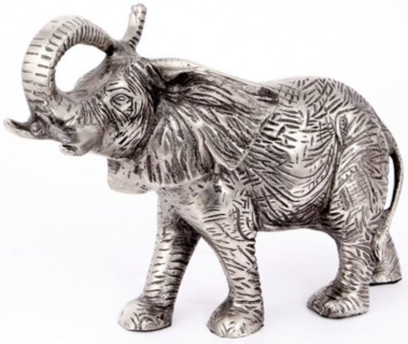 Antique aluminium elephant ornament, 25cm tall, showcasing intricate details for stylish home decor. Perfect gift idea.