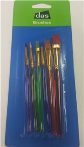 Vibrant set of 6 round and flat brushes with colorful handles, ideal for artists of all skill levels and various painting mediums.