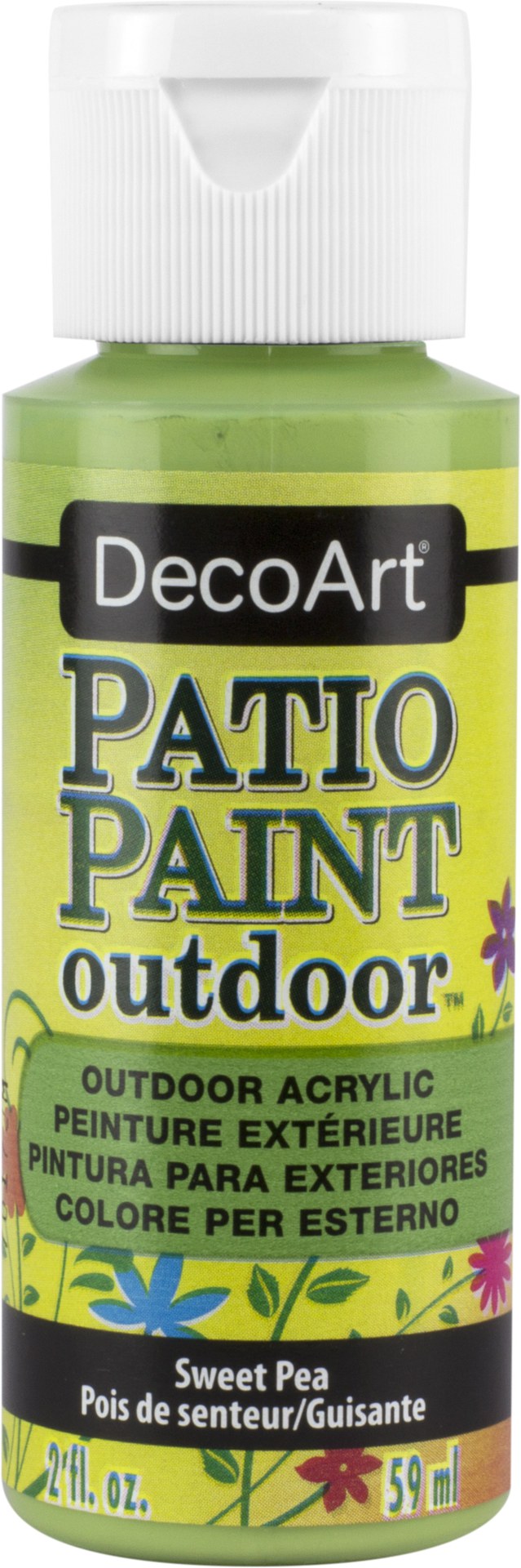 Vibrant 2oz Patio Paint in Sweet Pea, perfect for enhancing outdoor projects with a durable satin finish.