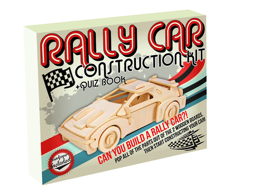 DIY wooden Rally Car construction kit for kids, enhancing creativity and skills with 27 pieces and a quiz book. Suitable for ages 6+.