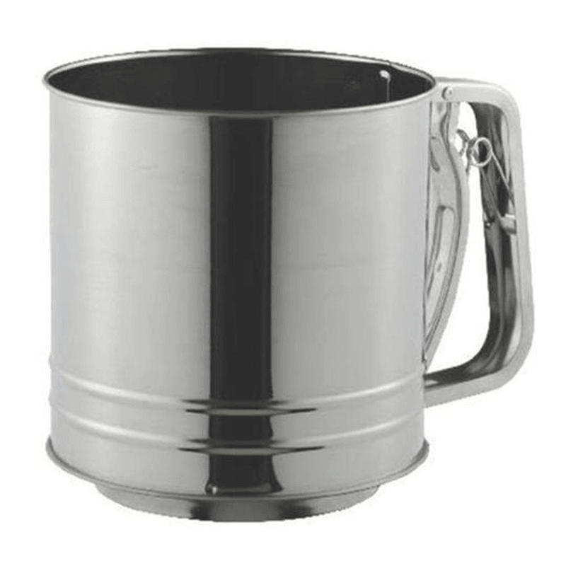 Avanti 5 Cup Flour Sifter in stainless steel, featuring a crank handle, fine-mesh screen, and polished finish for easy sifting.