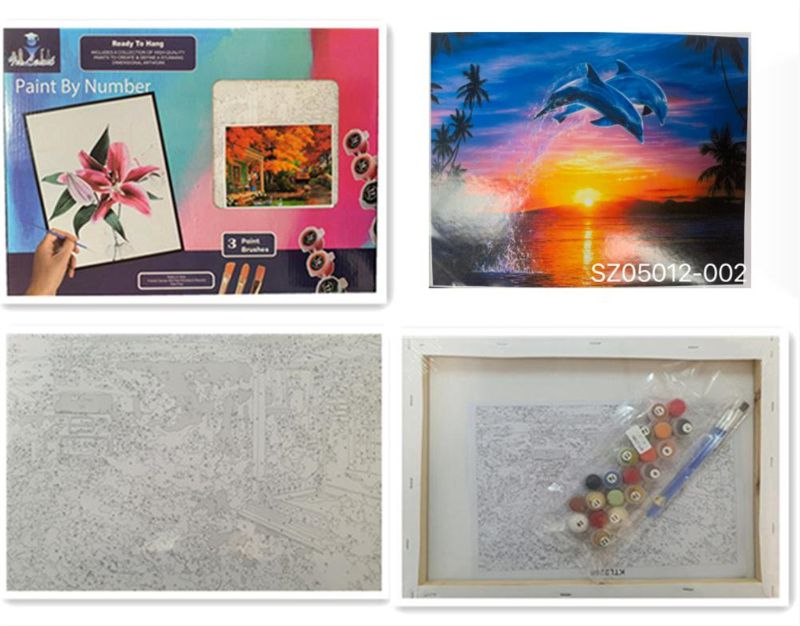 Colorful paint by number kit featuring a playful dolphin on a 40x30 cm canvas for artists of all skill levels.