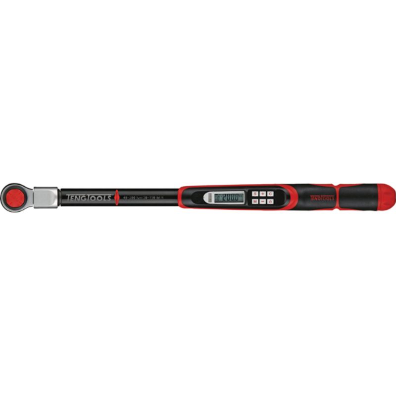 Digital torque wrench with 20-200 Nm range, light alerts for torque levels, sturdy case, meets ISO6789 standards.
