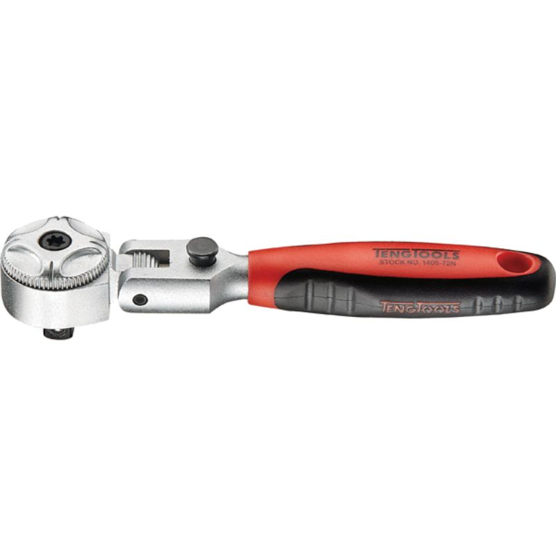 Teng 3/8in drive stubby ratchet with flex-head design, 72 teeth for precise 5° increments, slim profile, and bi-material grip.