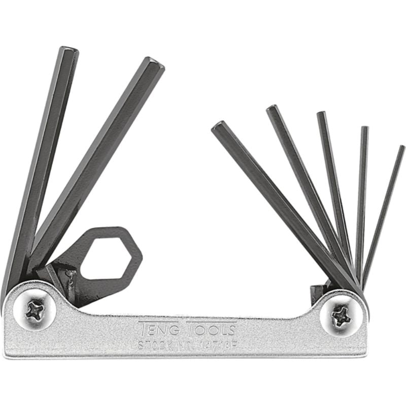 Teng 7pc Folding AF Hex Key Set with chrome vanadium keys, sizes 1/16in to 7/32in, compact with retractable design for easy storage.