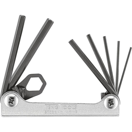 Teng 7pc Folding AF Hex Key Set with chrome vanadium keys, sizes 1/16in to 7/32in, compact with retractable design for easy storage.
