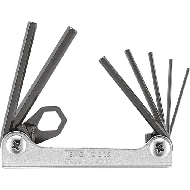 Teng 7pc Folding AF Hex Key Set with chrome vanadium keys, sizes 1/16in to 7/32in, compact with retractable design for easy storage.
