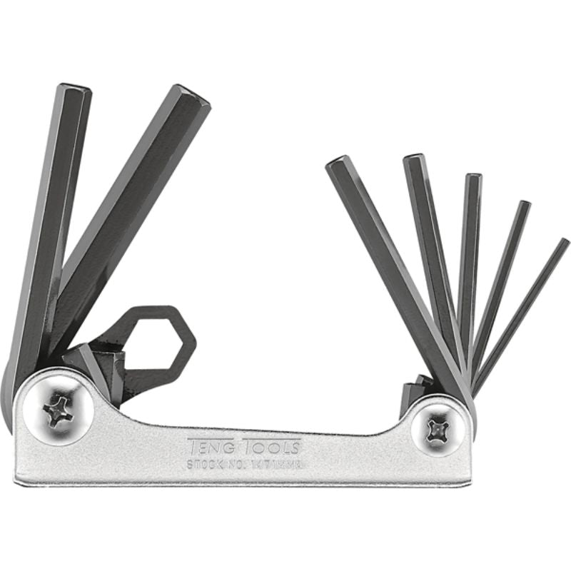 Teng 7-piece folding hex key set with durable chrome vanadium steel, retractable keys in sizes 2.5-10mm for versatile use.