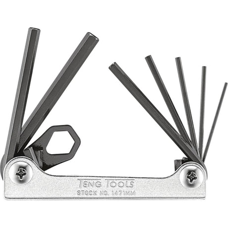 Teng 7pc Folding Hex Key Set with sizes 1.5-6.0mm, crafted from chrome vanadium steel, featuring a retractable design for easy storage.