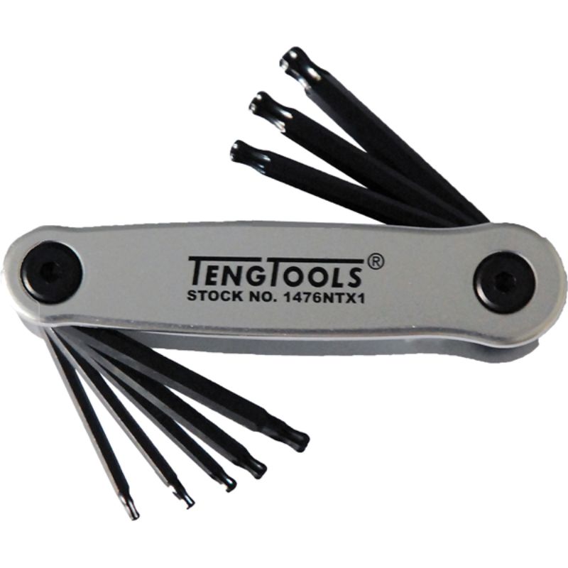 Teng 8pc TX toolset with folding design and ball point ends, ideal for various fastening tasks and easy portability.