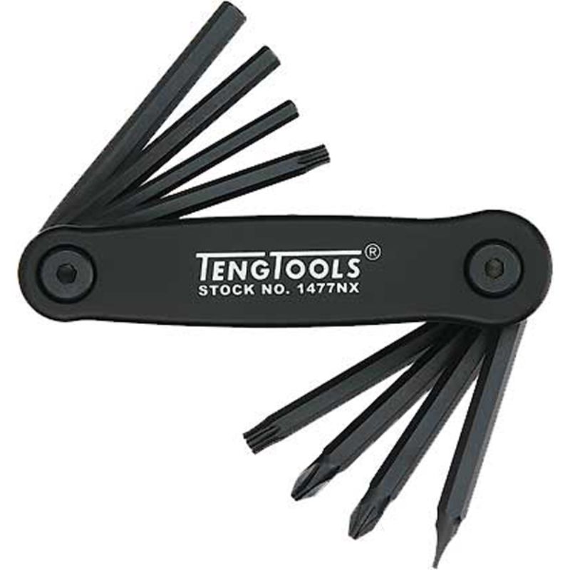 Teng 8pc Fold-Up Key Set featuring hex, TX keys, and screwdrivers in a compact black aluminum handle for versatile tool access.