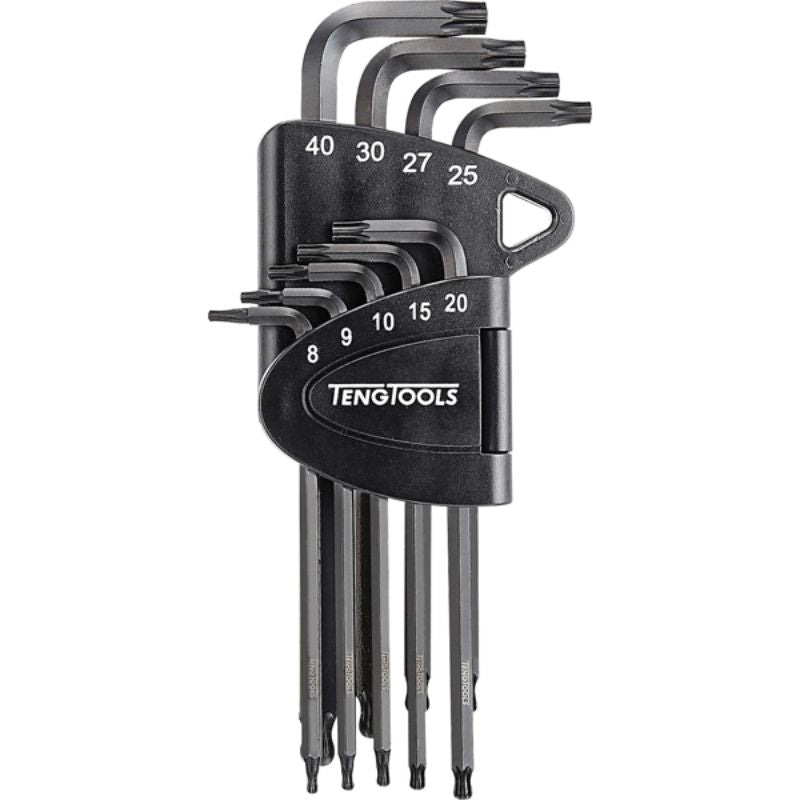 Teng 9pc Ball-End TX Key Set in chrome molybdenum, sizes T8-T40, with ball-end design for easy access at angles.