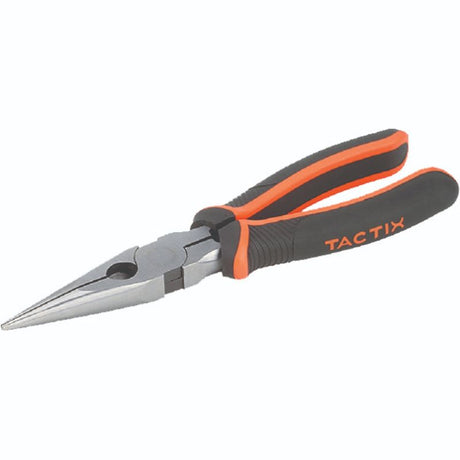 Tactix 6in long nose pliers with Chrome-Nickel steel body and non-slip handle for precision gripping and cutting in tight spaces.