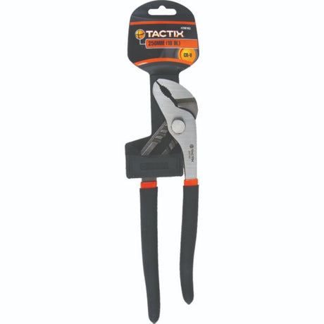 Tactix 10in groove joint pliers made from chrome-vanadium steel, featuring a double-dipped handle for comfort and grip.