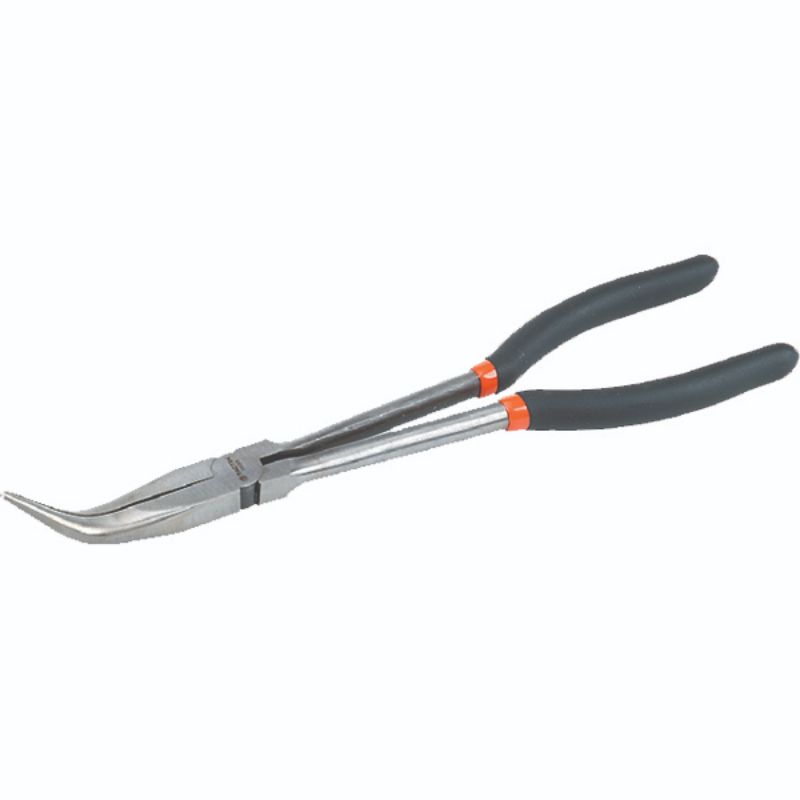 Long reach pliers with a 45-degree angle, 280mm length, durable chrome-vanadium steel, and comfortable double-dipped handle.