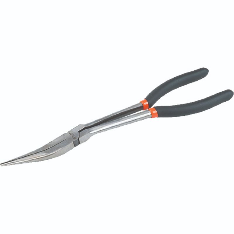 Long reach pliers with 20-degree offset for tight spaces, made from chrome-vanadium steel with comfortable grips.