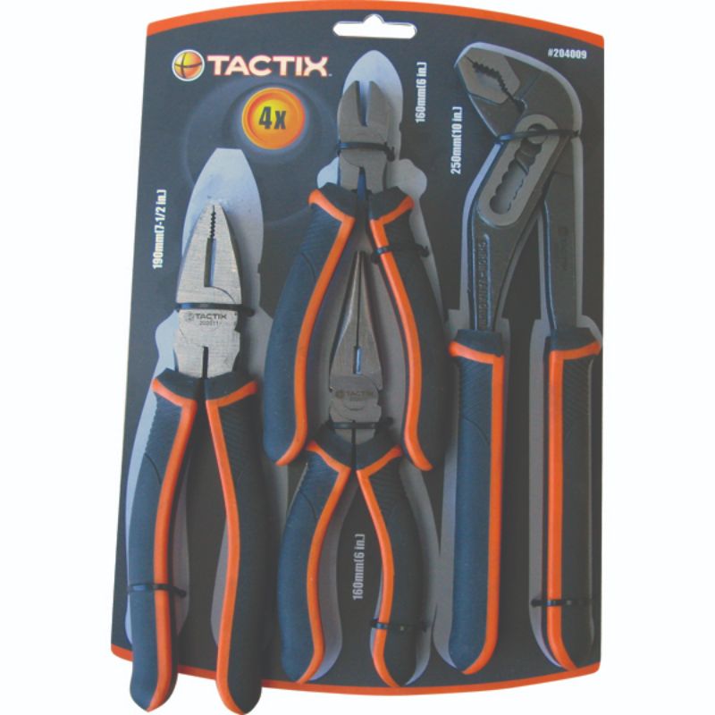Tactix 4pc Plier Set including combination, longnose, sidecutter, and waterpump pliers for versatile DIY and professional tasks.