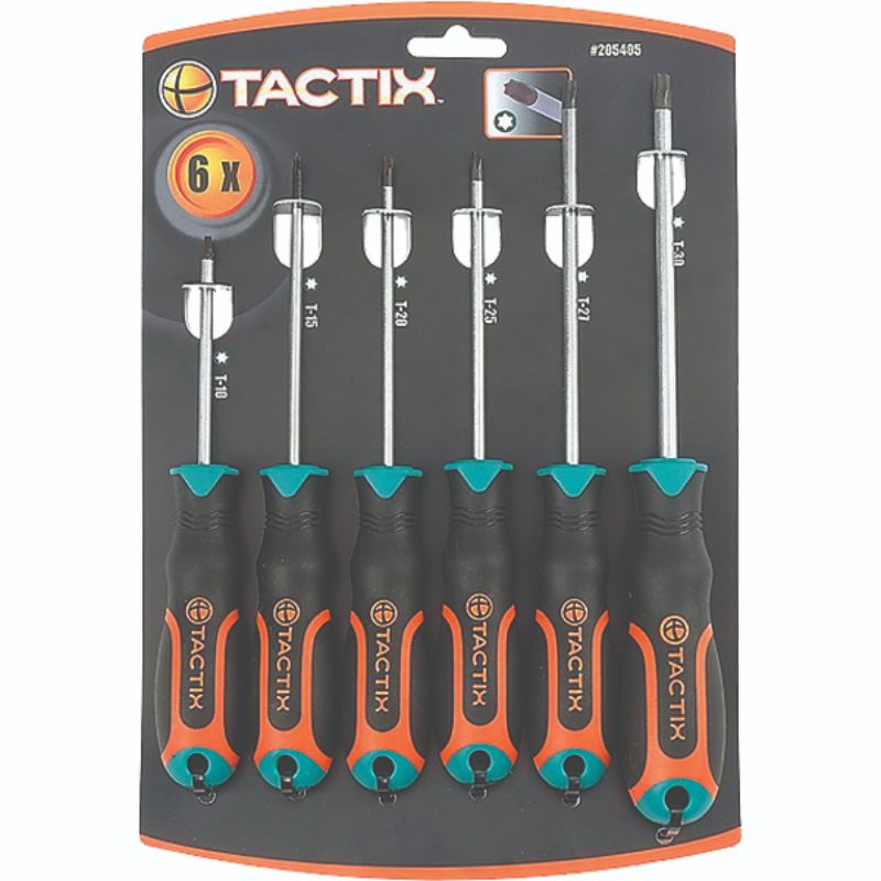 Set of 6 Tactix Torx screwdrivers in various sizes for automotive, electronics, and DIY tasks, featuring durable construction.