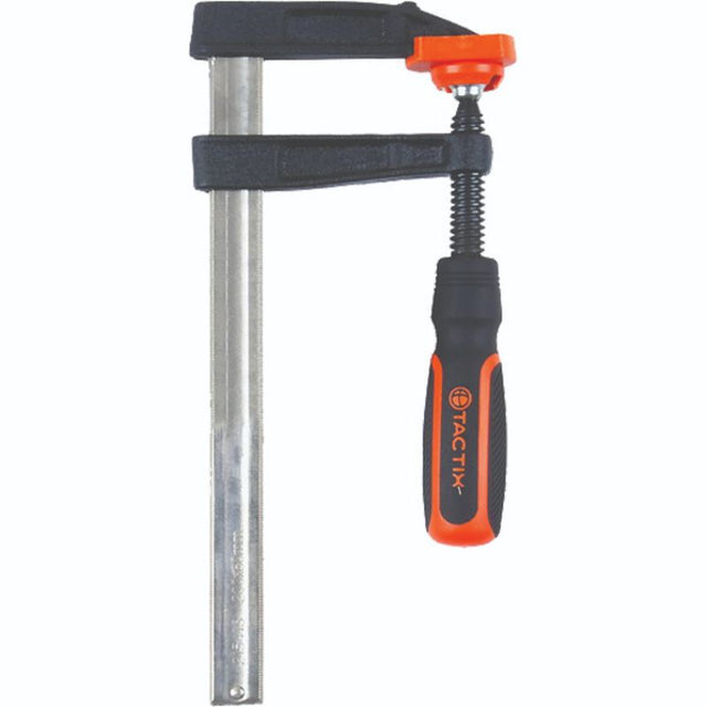 Durable Tactix F-Clamp 200 x 80mm with heavy-duty cast iron body and non-slip handle, perfect for woodworking and metalworking.