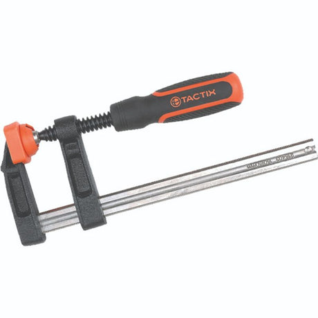 Tactix F-Clamp 300 x 120mm with heavy-duty cast iron body and non-slip handle for secure woodworking applications.